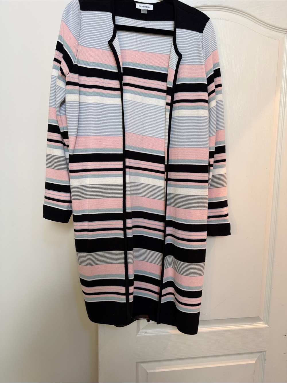 Calvin Klein Pink, Black & Light Blue Striped Open Cardigan